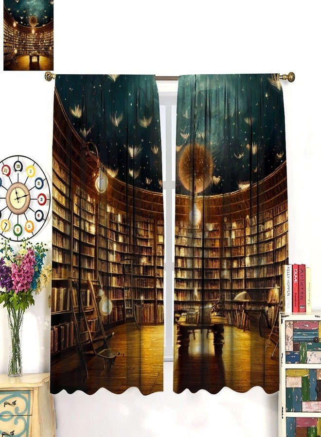 KANEPE Book Theme Curtain, Retro Bookshelf Bookcase Wings Flying Fairy Lights Window Treatments, Rod Pocket Thermal Insulated Drapes 2 Panel Sets for Bedroom Living Room Study Library, 42"W X 45"L【Decor】 - Image 3